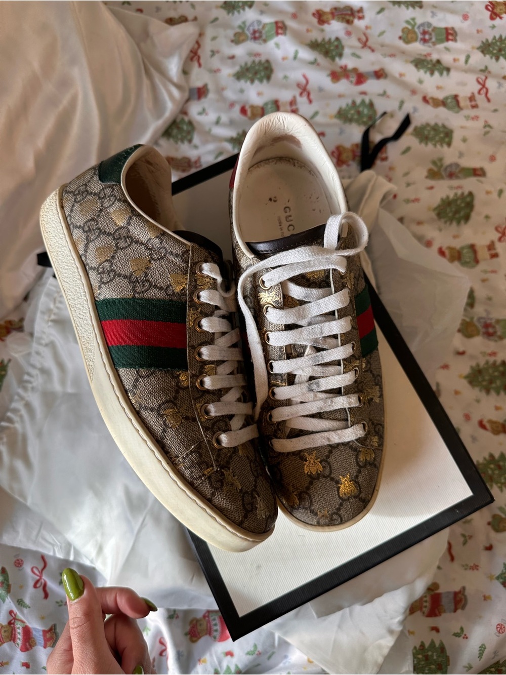 Gucci Brown GG Canvas Low-Top Sneakers with Green-Red Web and Gold Bee